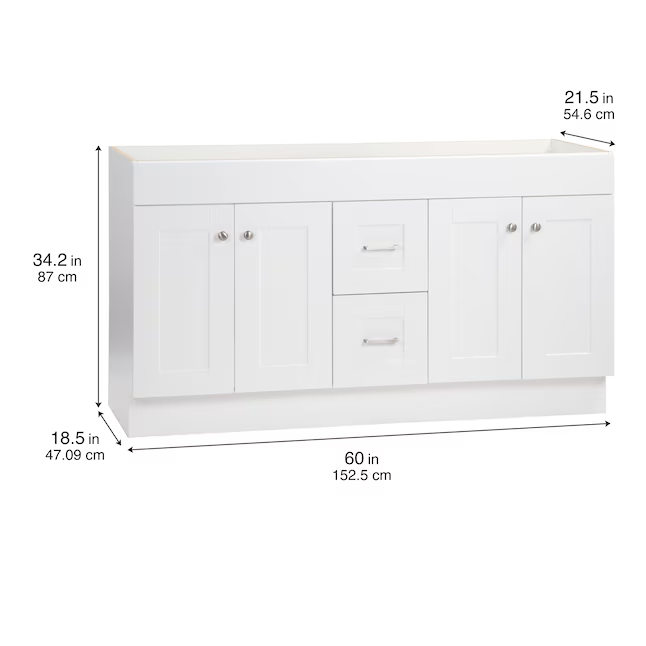 Project Source Series 60-in True White Bathroom Vanity Base Cabinet without Top, R36 VSDB60 *JR2511, Retail: $549.00, FINAL PRICE: $299.99 + TAX