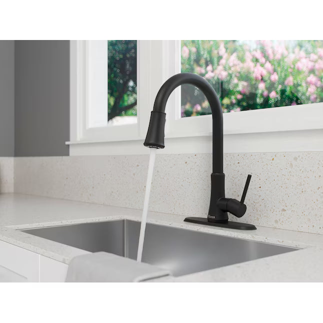 Pfister Classic Matte Black Single Handle Deck-mount Kitchen Faucet with Sprayer (Includes Deck Plate), F-529-7PFB, MSRP: $149.00, FINAL PRICE: $79.99 + TAX