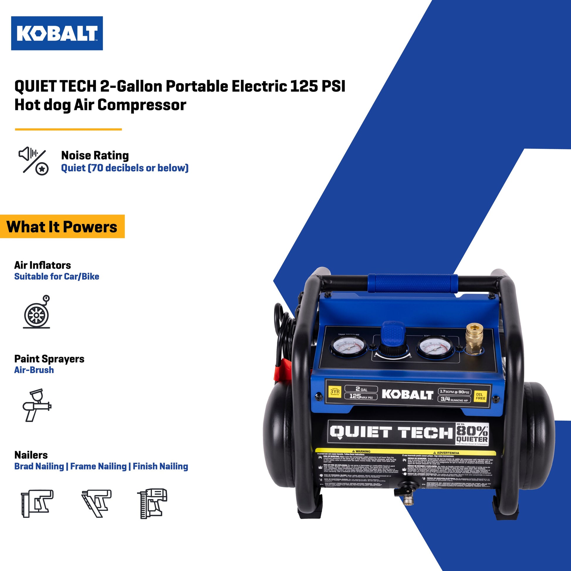 Kobalt QUIET TECH 2-Gallon Portable Electric 125 PSI Hot dog Air Compressor