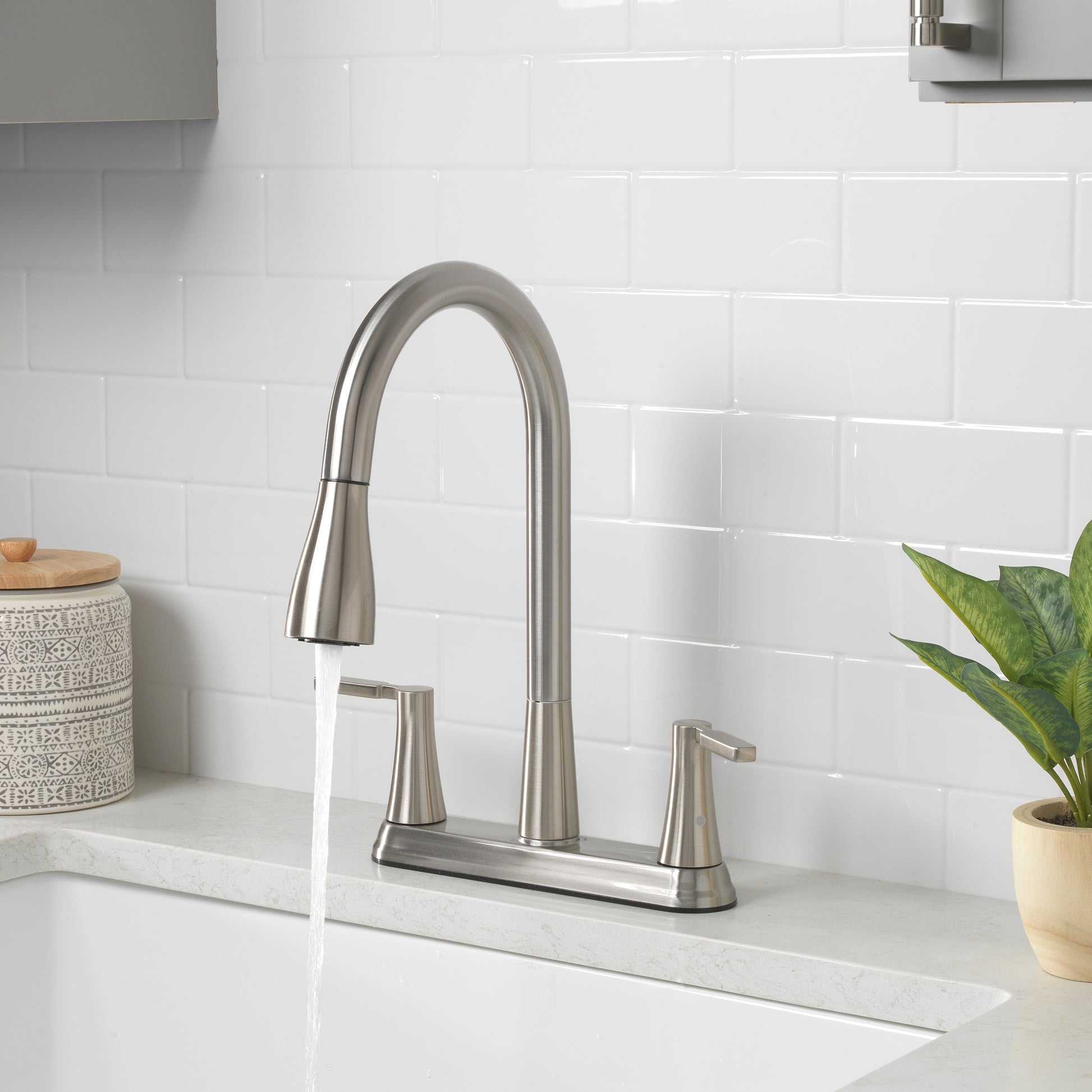 Project Source Stainless Steel Double Handle Deck-mount Pull-out Kitchen Faucet with Sprayer