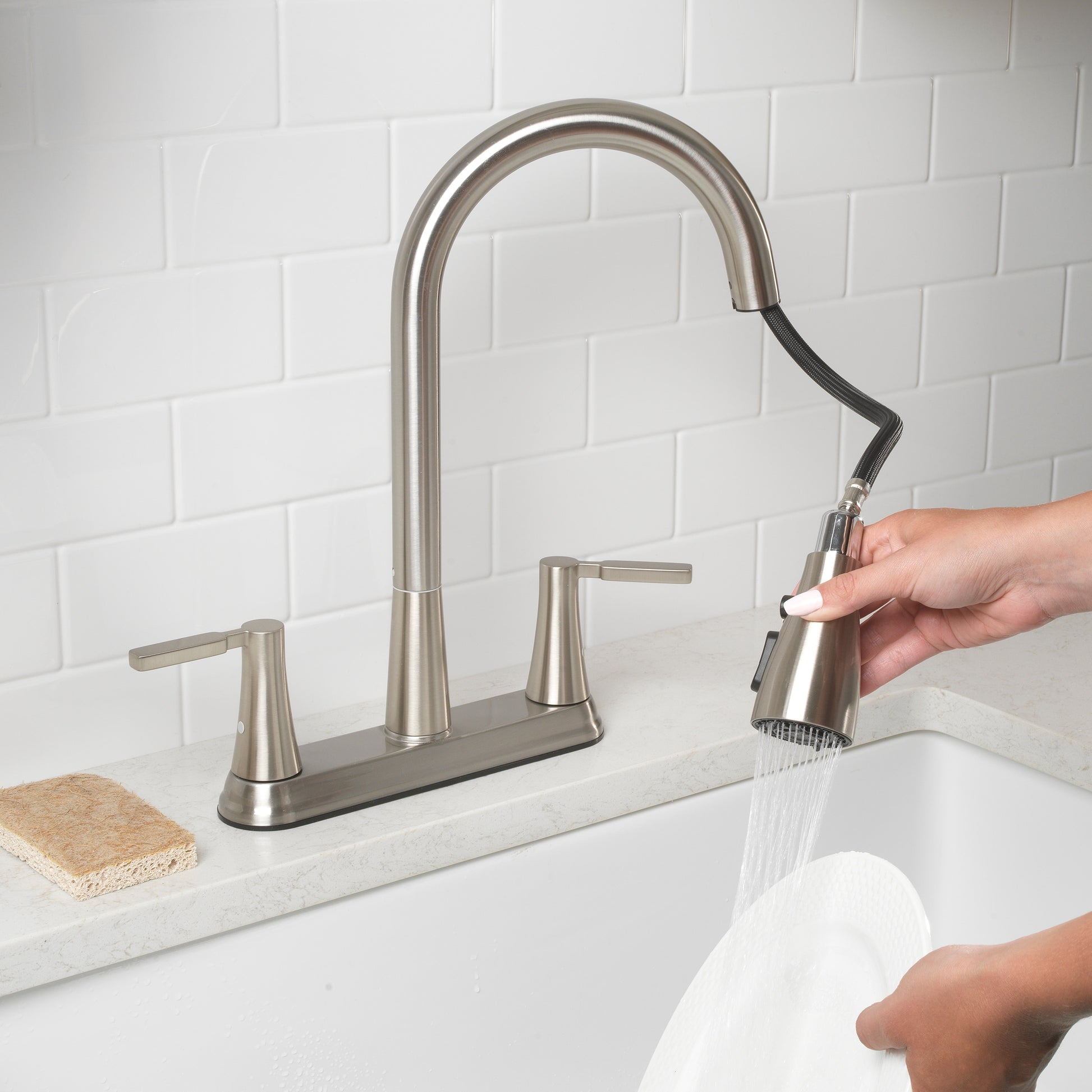 Project Source Stainless Steel Double Handle Deck-mount Pull-out Kitchen Faucet with Sprayer