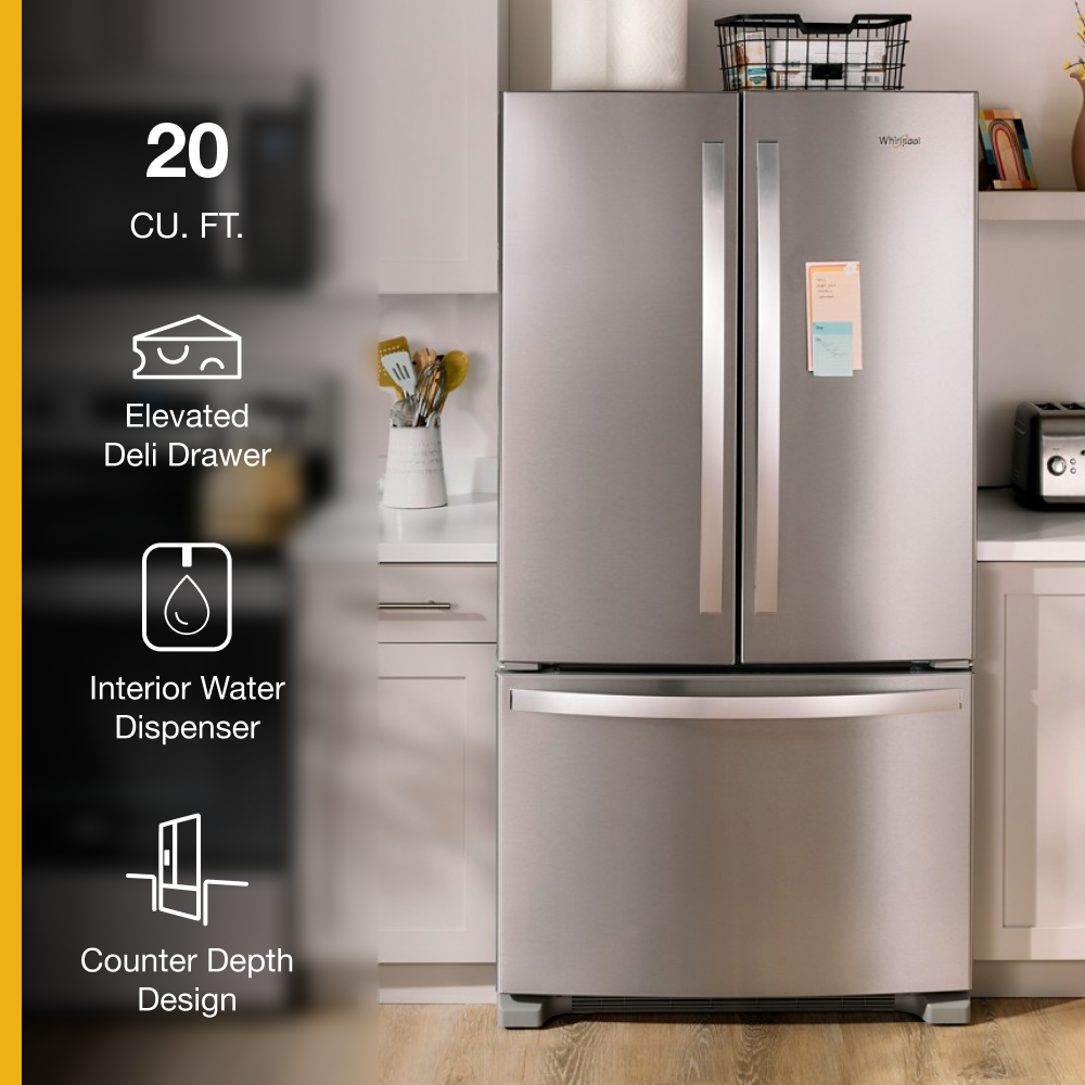 Whirlpool Counter-Depth 20-cu ft 3 -Door 36-in Wide French Door Refrigerator with Ice Maker with Water and Ice Dispenser ( Stainless Steel ) ENERGY STAR Certified, WRFC2036RZ-6640, FINAL PRICE: $999.99