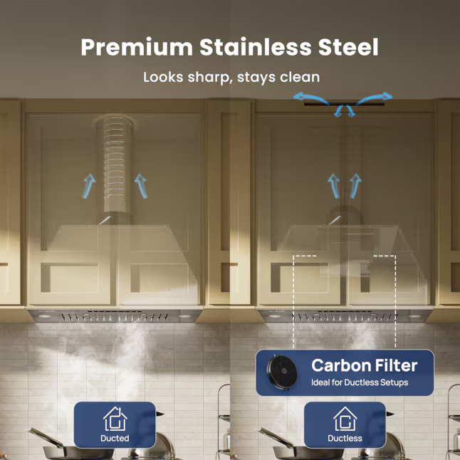 VIKIO 36-in Convertible 780-CFM Recirculating Stainless Steel Insert Under Cabinet Range Hood with Charcoal Filter, IKB01-H *JR2508, Retail: $565.00, FINAL PRICE: $199.99 + TAX