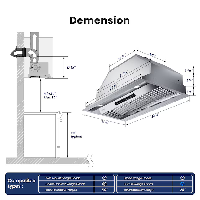 VIKIO 34-in Convertible 900-CFM Stainless Steel Under Cabinet Range Hood with Charcoal Filter, Item #6507865, RB30-36 VIKP0236S *JR2508, Retail: $437.99, FINAL PRICE: $259.99 + TAX