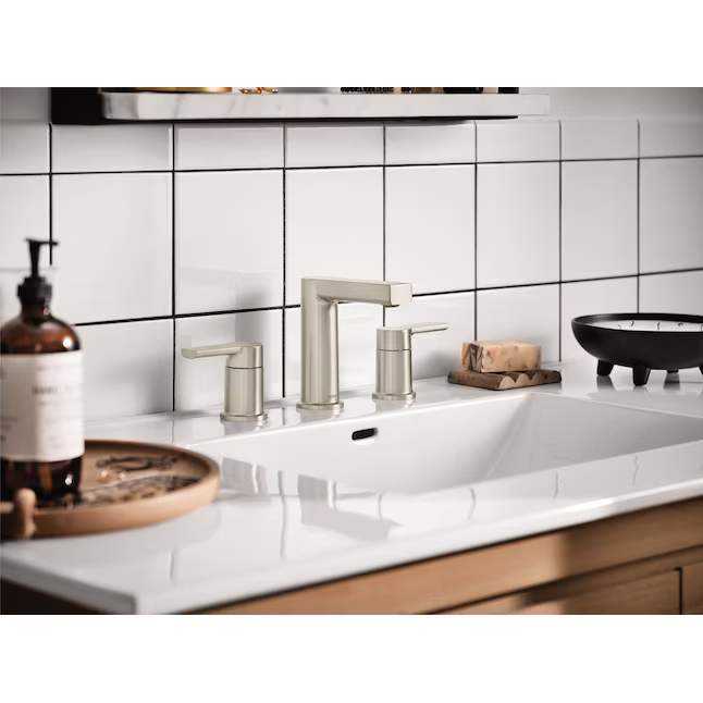 Moen Rinza Spot Resist Brushed Nickel Widespread 2-handle WaterSense High-Arc Commercial/Residential Handle Bathroom Sink Faucet with Drain, 84629SRN *JR2509, Retail: $278.70, FINAL PRICE: $99.99 + TAX
