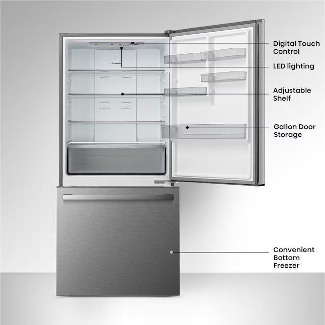 Hisense 17.2-cu ft Counter-Depth 32-in Bottom-Freezer Refrigerator (Fingerprint Resistant Stainless Steel), HRB171N6ASE *JR2511, Retail: $1,099.00, FINAL PRICE: $699.99 + TAX