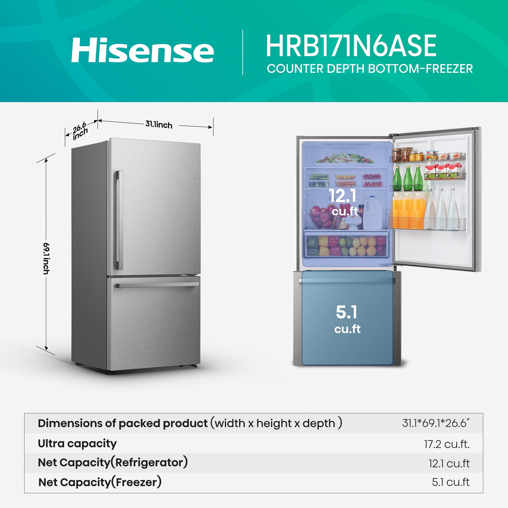 Hisense 17.2-cu ft Counter-Depth 32-in Wide Bottom-Freezer Refrigerator Fingerprint Resistant Stainless Steel ) ENERGY STAR Certified