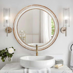 LOVMOR 28 Inch Round Wall Mirror Bathroom Vanity Wooden Farmhouse Style