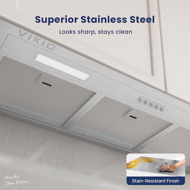 VIKIO 30-in Ductless 800-CFM Recirculating Stainless Steel Insert Under Cabinet Range Hood with Charcoal Filter, E690-30-M17  RB10-30 HB0130AH *JR2508, Retail: $308.99, FINAL PRICE: $159.99 + TAX