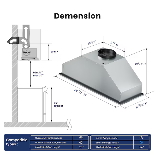 VIKIO 30-in Ductless 800-CFM Recirculating Stainless Steel Insert Under Cabinet Range Hood with Charcoal Filter, E690-30-M17  RB10-30 HB0130AH *JR2508, Retail: $308.99, FINAL PRICE: $159.99 + TAX