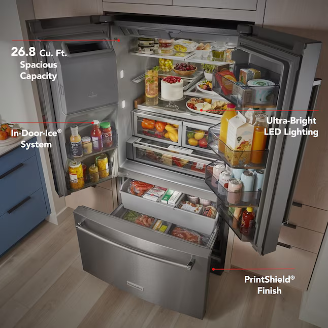 KitchenAid Standard-Depth 27-cu ft 3-Door 36-in French Door Refrigerator with Ice Maker with Water and Ice Dispenser (Stainless Steel with PrintShield Finish), KRFF577KPS/02 *JR2510, Retail: $3,699.00, FINAL PRICE: $1,799.99 + TAX