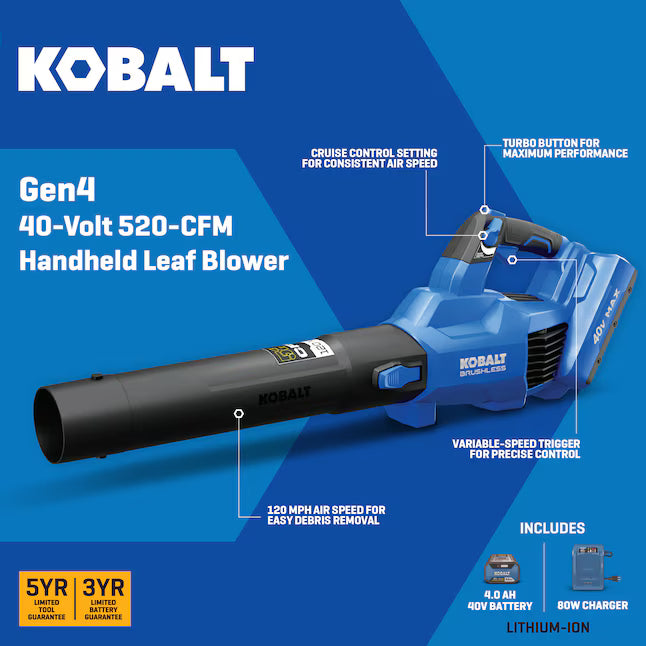 Kobalt Gen4 40-volt 520-CFM 120-MPH Battery Handheld Leaf Blower 4.0 Ah Battery Included Charger Included