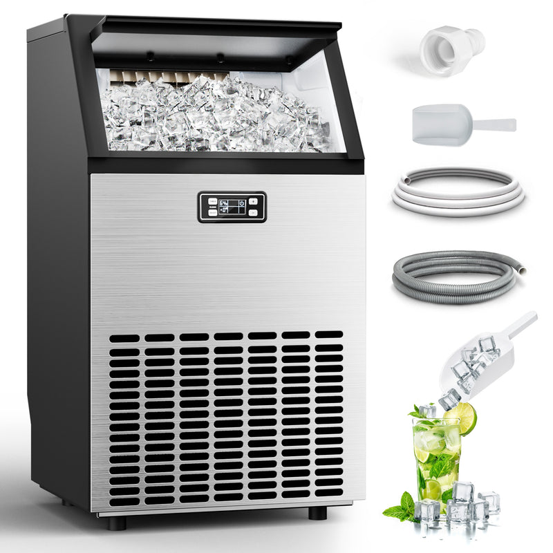 SIMZLIFE 100lbs/24H Commercial Full Size Cubes Ice Maker Machine with 33 lbs Storage and Efficient Compressor in Silver
