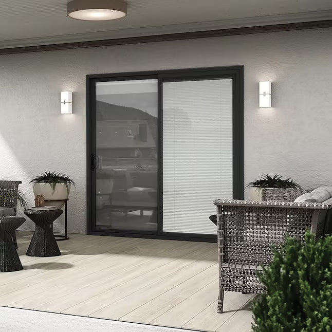 RELIABILT 70-in x 80-in x 4-9/16-in Jamb Black Vinyl Left-hand Sliding Patio Door with Low-E argon Glass with Blinds Item, 719801246431312DR, FINAL PRICE: $899.99