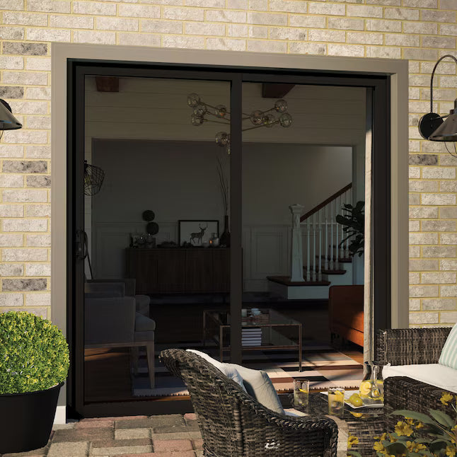 RELIABILT 70-in x 80-in x 4-9/16-in Jamb Black Vinyl Left-hand Sliding Patio Door with Low-E argon Glass with Blinds Item, 719801246431312DR, FINAL PRICE: $899.99
