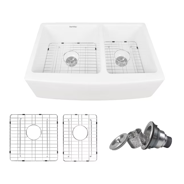 DeerValley Eclipse Undermount 33-in x 21-in Porcelain Double Offset Bowl Kitchen Sink, DV-1K705 *HD2509, Retail: $398.82 , FINAL PRICE: $199.99 + TAX