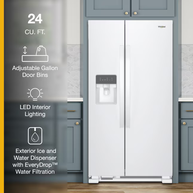 Whirlpool 24.6-cu ft Standard-Depth 36-in Side-by-Side Refrigerator with Ice Maker + Water and Ice Dispenser (White), WRS315SDHW *JR2512, Retail: $1,643.00, FINAL PRICE: $799.99 + TAX