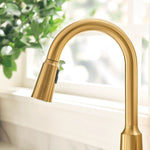Moen Edwyn Brushed Gold Single Handle Deck-mount Pull-down Kitchen Faucet with Sprayer (Includes Deck Plate) (Includes Soap Dispenser)