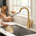 Moen Edwyn Brushed Gold Single Handle Deck-mount Pull-down Kitchen Faucet with Sprayer (Includes Deck Plate) (Includes Soap Dispenser)