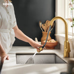 Moen Edwyn Brushed Gold Single Handle Deck-mount Pull-down Kitchen Faucet with Sprayer (Includes Deck Plate) (Includes Soap Dispenser)