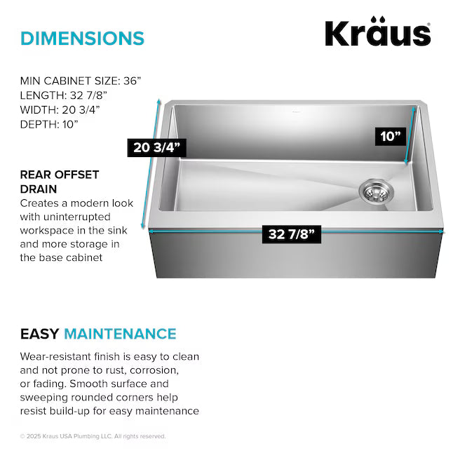 Kraus Standart PRO Farmhouse apron front 33-in x 21-in Stainless steel Single bowl 16 -Gauge Kitchen Sink,  KHF410-33, FINAL PRICE: $349.99 + TAX