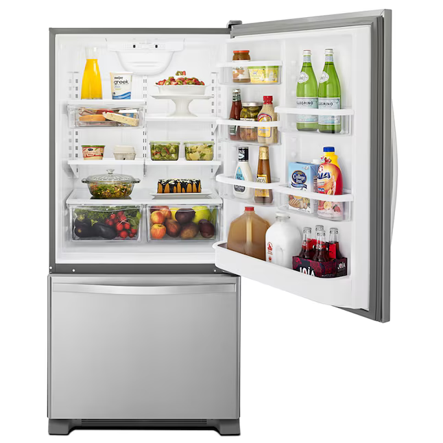 Whirlpool 22.07-cu ft Standard-Depth 33.0-in Bottom-Freezer Refrigerator with Ice Maker (Stainless Steel), WRB322DMBM/05 *JR2511, Retail: $1,999.00, FINAL PRICE: $999.99 + TAX