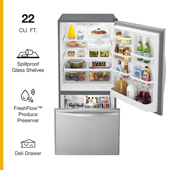Whirlpool 22.07-cu ft Standard-Depth 33.0-in Bottom-Freezer Refrigerator with Ice Maker (Stainless Steel), WRB322DMBM/05 *JR2511, Retail: $1,999.00, FINAL PRICE: $999.99 + TAX