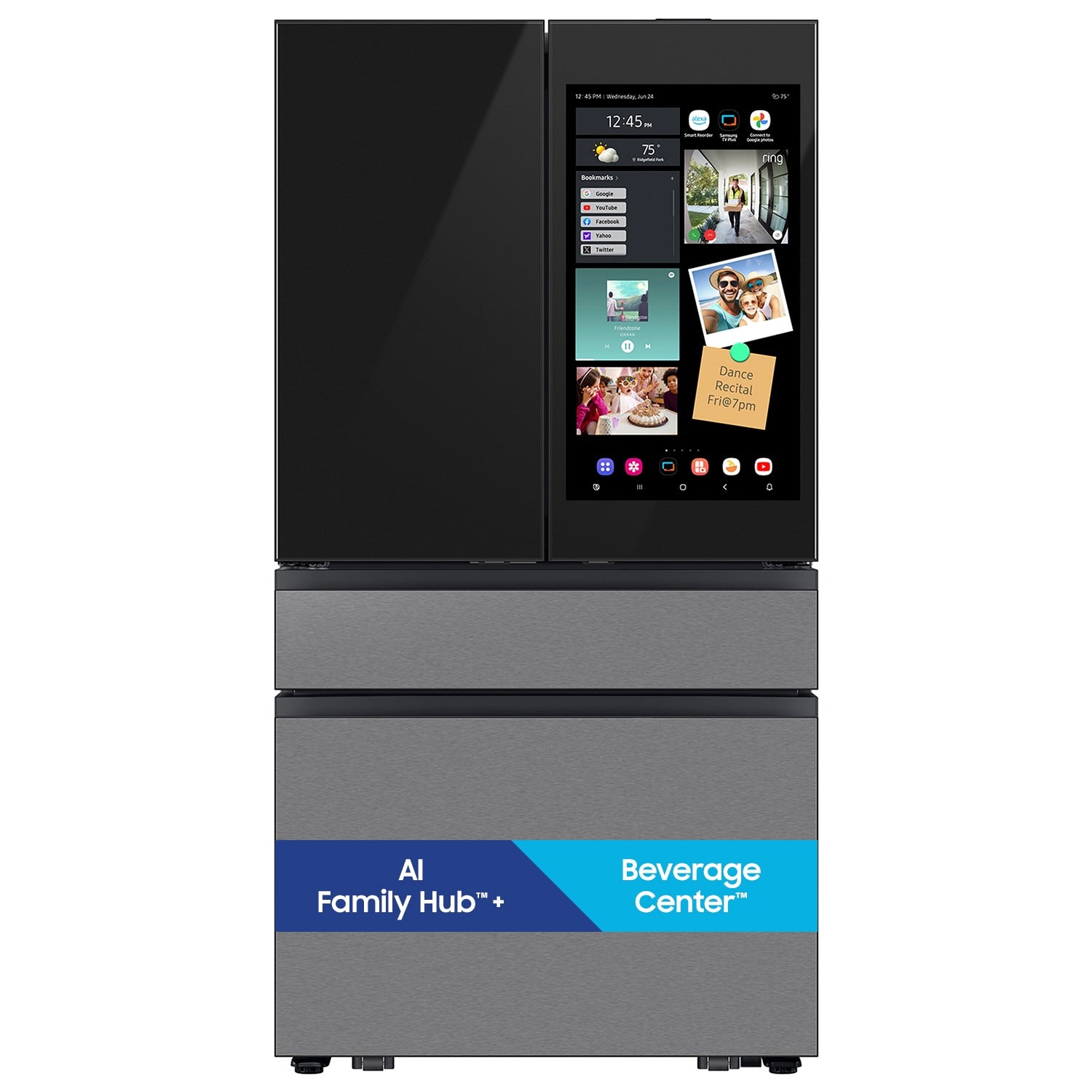Samsung Bespoke AI Standard-Depth Family Hub 29-cu ft 36-in Wide with Dual Ice Maker and Door within Door (Charcoal Glass Top Stainless Steel Bottom Panels)