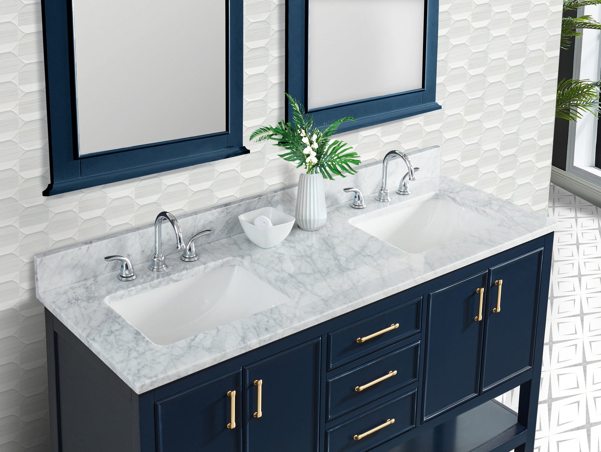 Alpine Reserve Carrara 61-in x 22-in White Natural Marble Undermount Double Sink Widespread Faucet Mount Bathroom Vanity Top