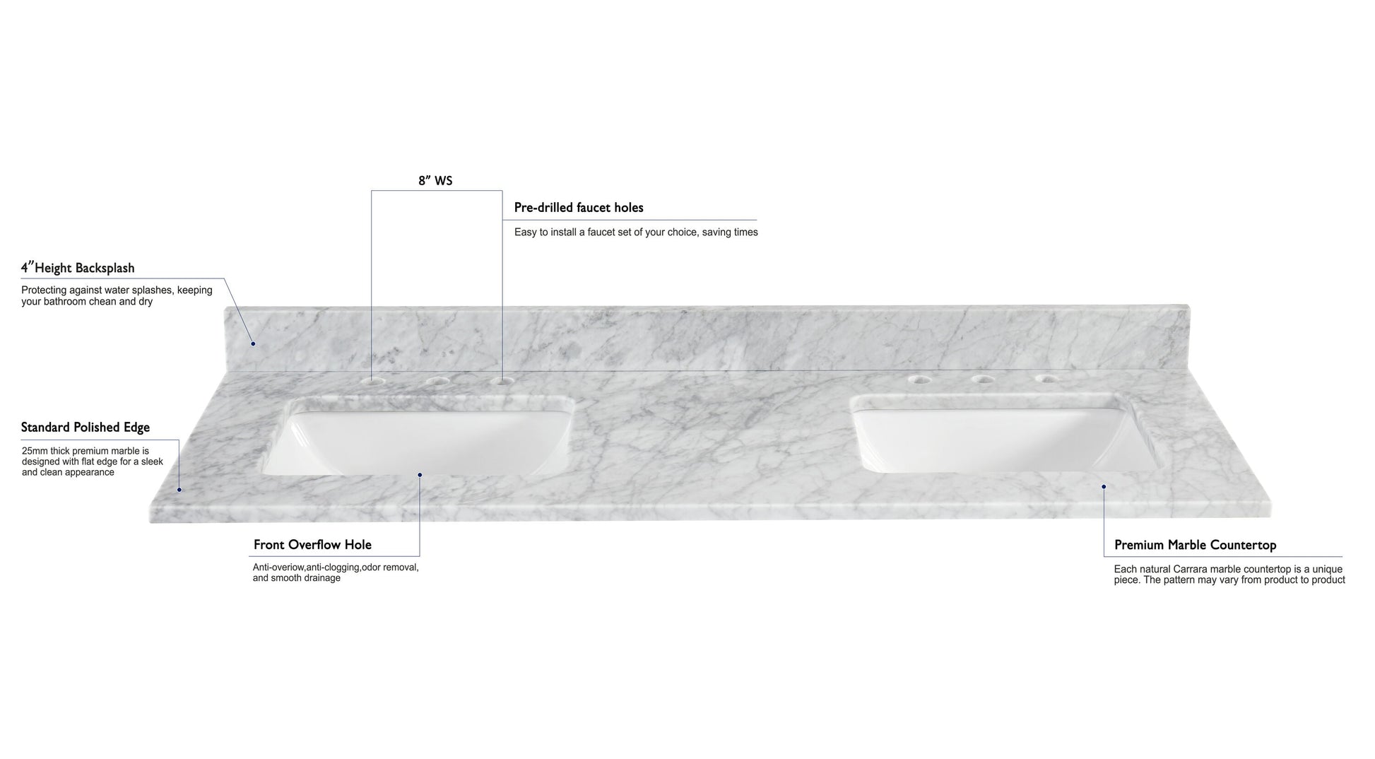 Alpine Reserve Carrara 61-in x 22-in White Natural Marble Undermount Double Sink Widespread Faucet Mount Bathroom Vanity Top