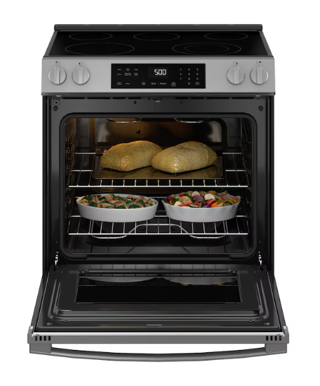 GE Crisp Mode 30-in Glass Top 5 burners 5.3-cu ft Slide-In Electric Range ( Stainless Steel )