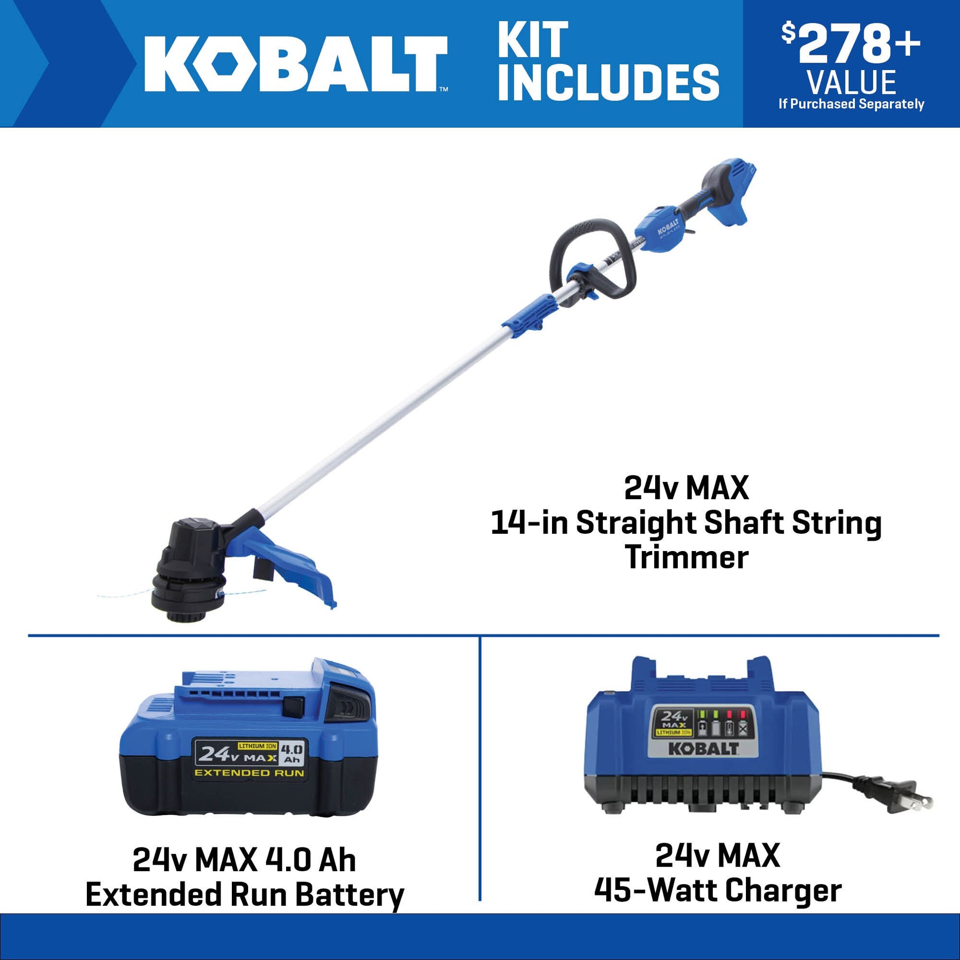 Kobalt 24-volt 14-in Straight Shaft Battery String Trimmer 4.0 Ah (Battery Included) (Charger Included) [FBM-102]