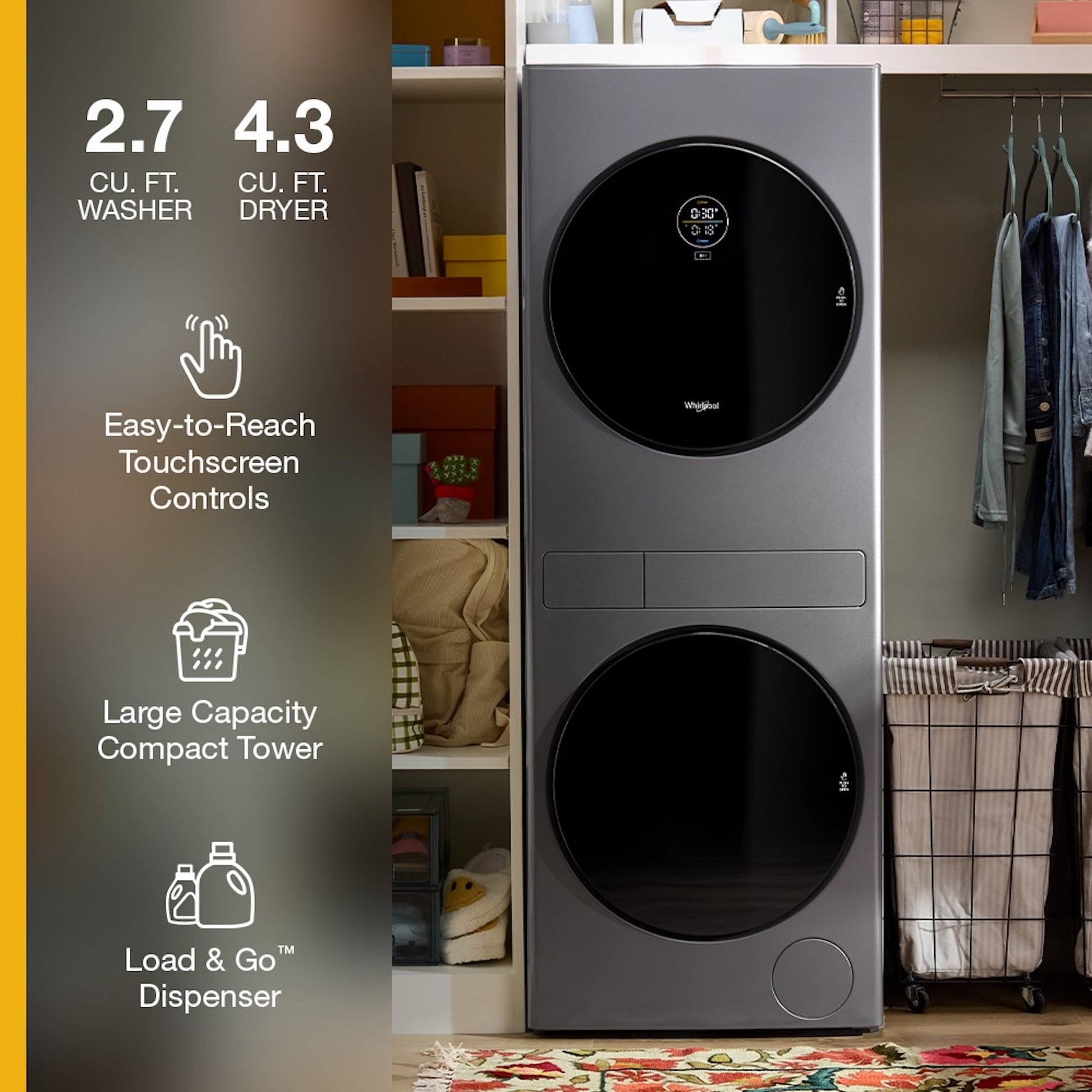 Whirlpool Ventless Heat Pump Laundry Tower 2.8-cu ft Front load Washer and 4.3-cu ft Electric Dryer Compact Stacked Laundry Center ( Titanium Metallic )