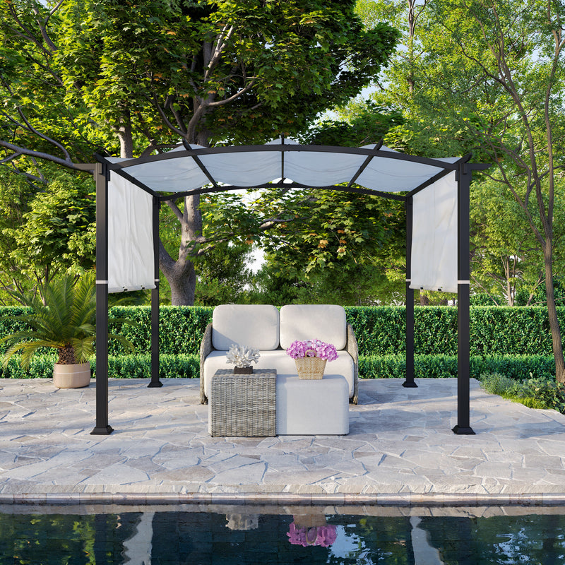 Style Selections 8-ft W x 10-ft L x 7-ft 8-in H Black frame, creamy white canopy Metal Freestanding Pergola with Canopy
