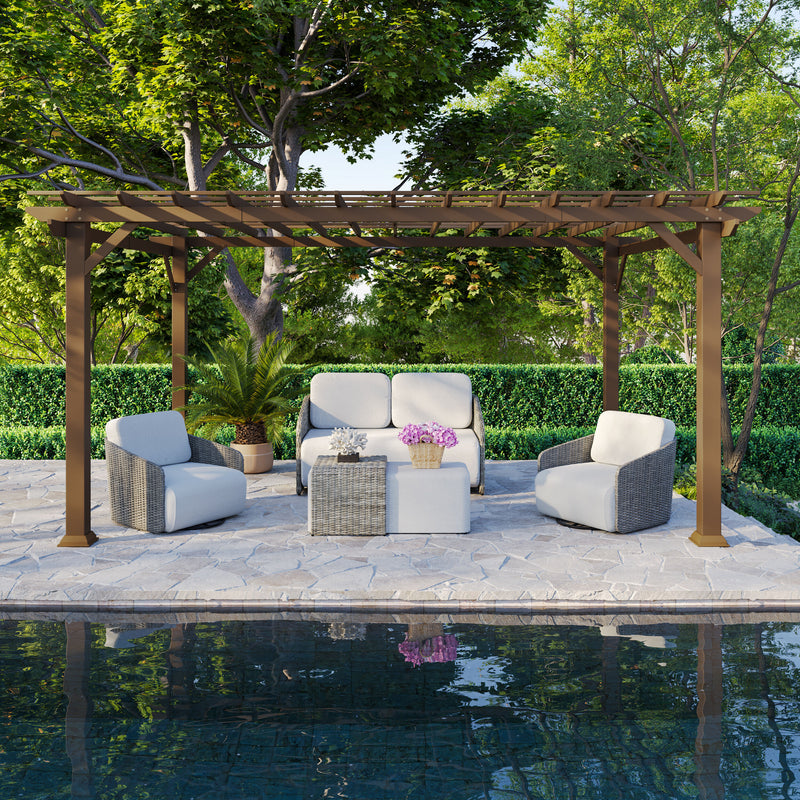 Style Selections 10-ft W x 14-ft L x 7-ft 6-in H Brown Metal Freestanding Pergola
