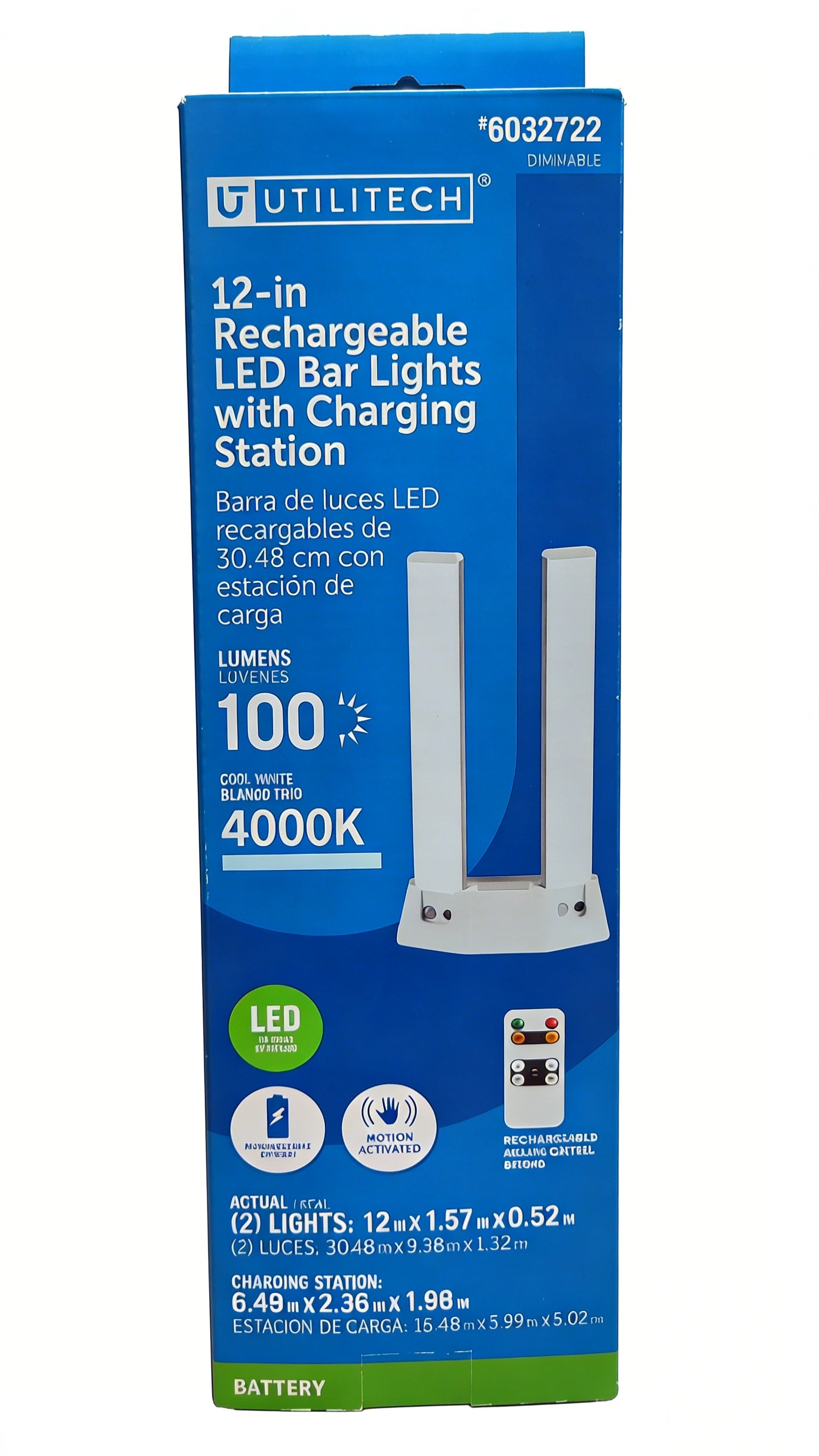 Utilitech LED 2 -Pack 12-in Rechargeable Battery LED Under Cabinet Light Bar Motion Sensing Light with Remote