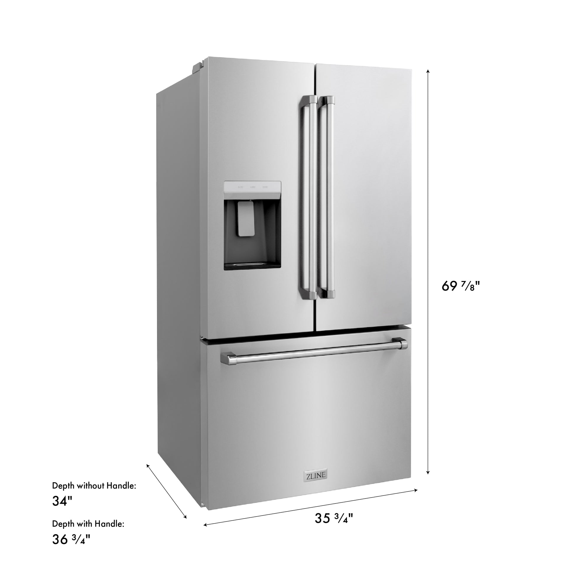 ZLINE KITCHEN & BATH Standard-Depth 28.9-cu ft 3 -Door 36-in Wide with Dual Ice Maker ( Stainless Steel with Stainless Steel Handle ) ENERGY STAR Certified