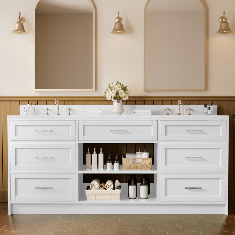 JEAREY Standard Size 72-in White Double Sink Bathroom Vanity with White Marble Top (Fully Assembled)