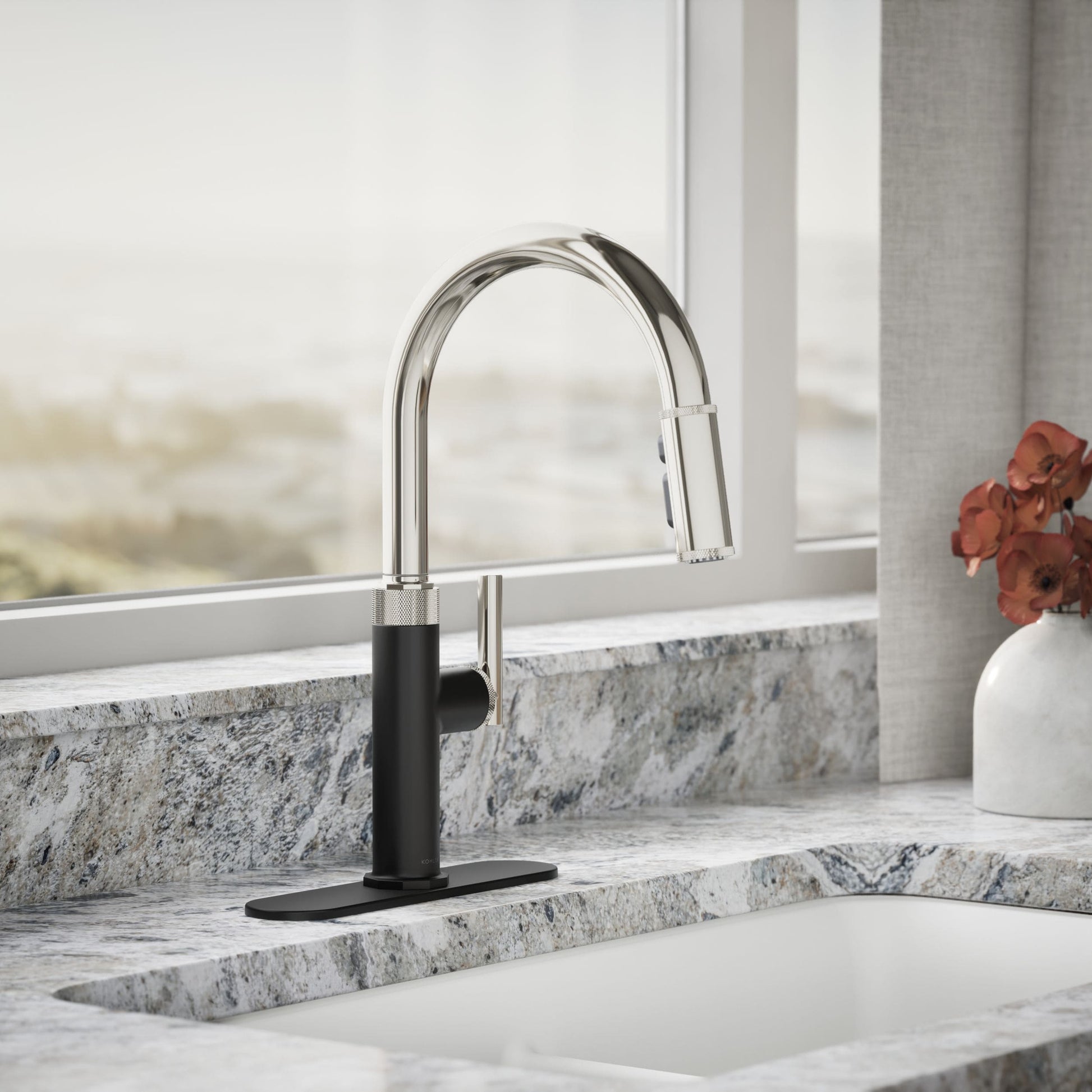 KOHLER Lathe Polished Nickel/Matte Black Single Handle Deck-mount Pull-down Kitchen Faucet with Sprayer (Includes Deck Plate), MSRP: $269, FINAL PRICE: $159.99 + TAX