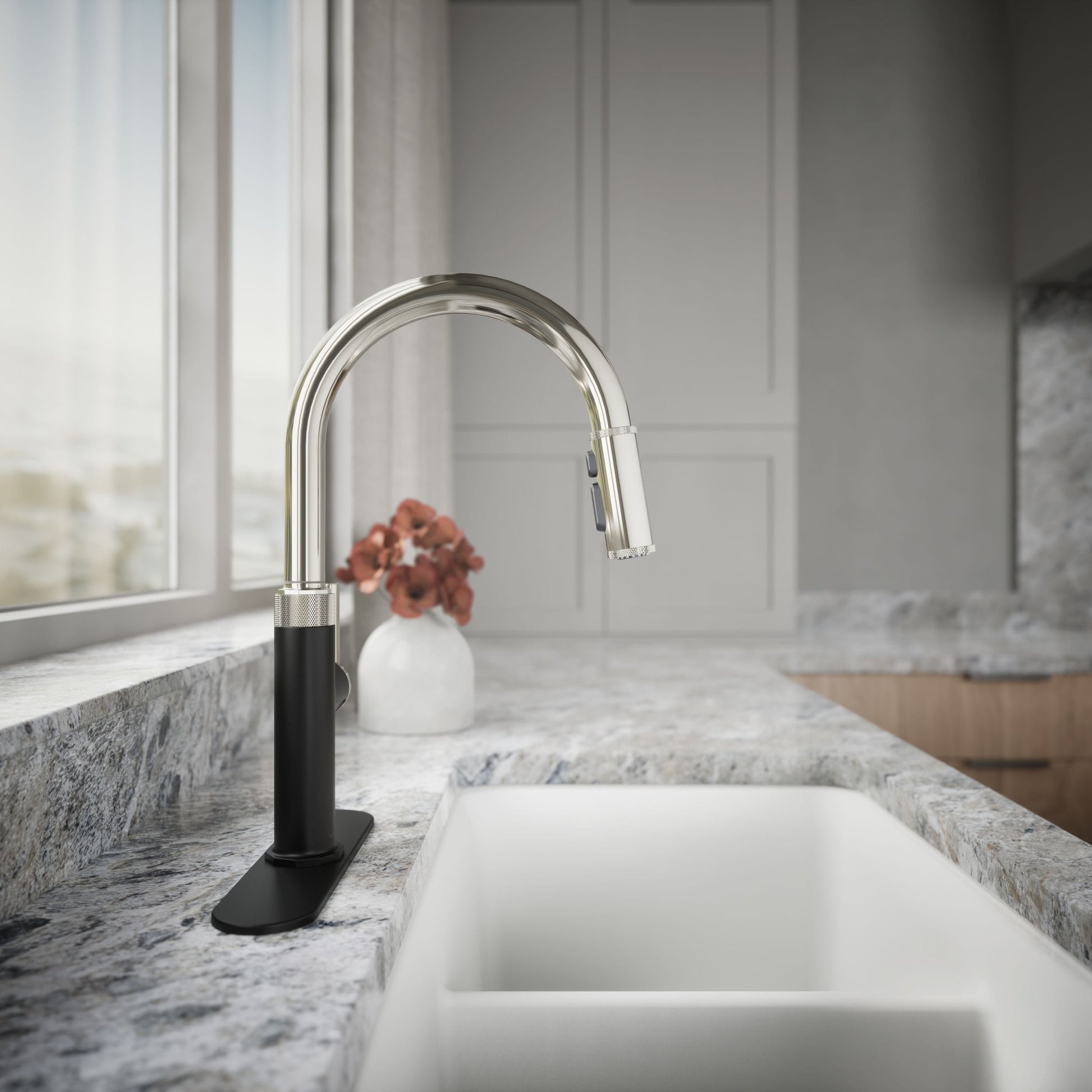 KOHLER Lathe Polished Nickel/Matte Black Single Handle Deck-mount Pull-down Kitchen Faucet with Sprayer (Includes Deck Plate), MSRP: $269, FINAL PRICE: $159.99 + TAX
