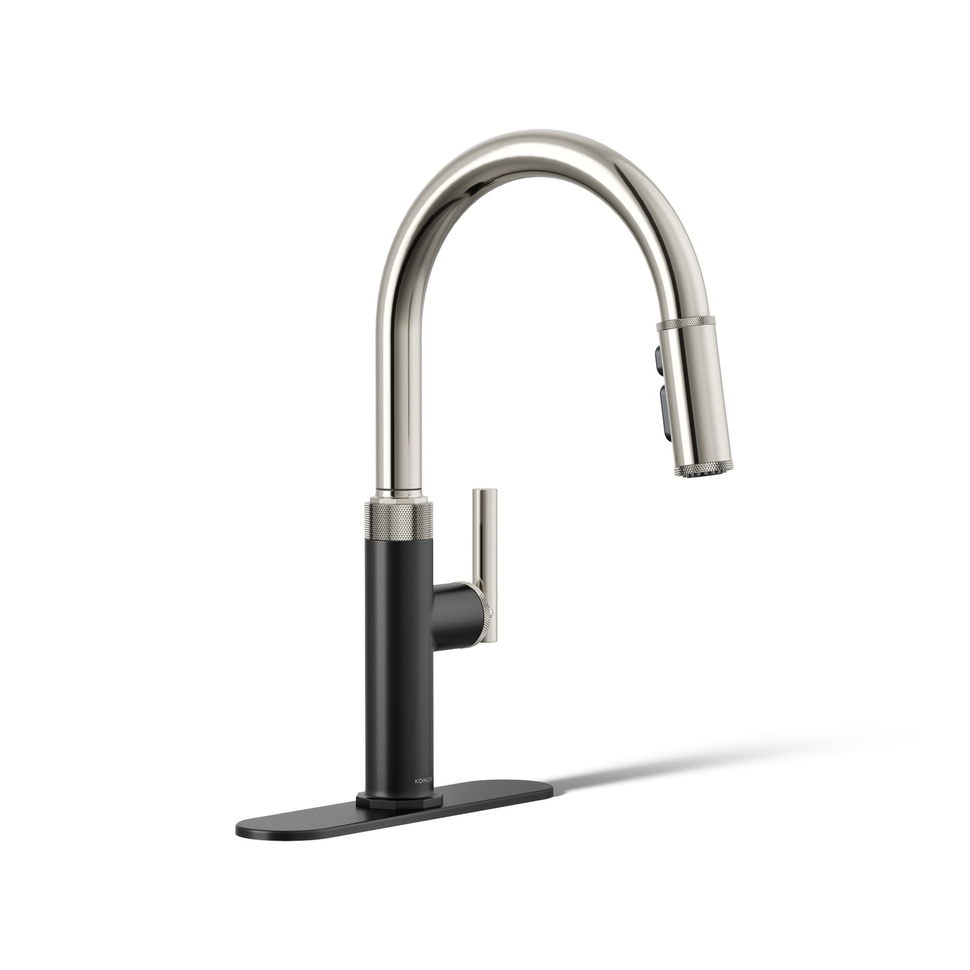 KOHLER Lathe Polished Nickel/Matte Black Single Handle Deck-mount Pull-down Kitchen Faucet with Sprayer (Includes Deck Plate), MSRP: $269, FINAL PRICE: $159.99 + TAX