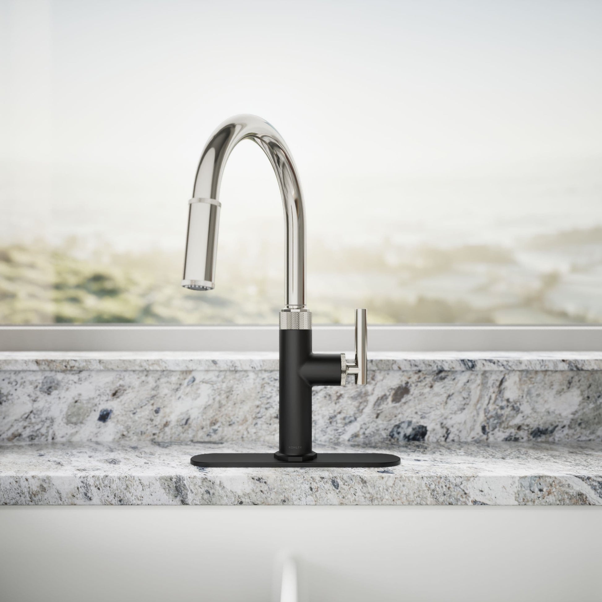 KOHLER Lathe Polished Nickel/Matte Black Single Handle Deck-mount Pull-down Kitchen Faucet with Sprayer (Includes Deck Plate), MSRP: $269, FINAL PRICE: $159.99 + TAX