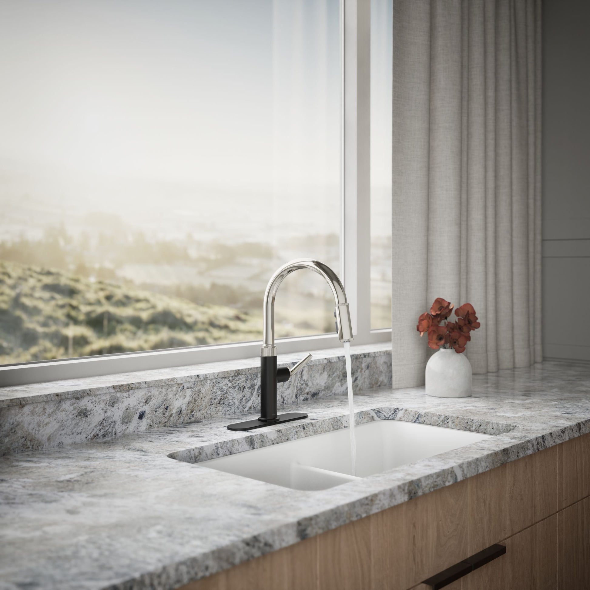 KOHLER Lathe Polished Nickel/Matte Black Single Handle Deck-mount Pull-down Kitchen Faucet with Sprayer (Includes Deck Plate), MSRP: $269, FINAL PRICE: $159.99 + TAX