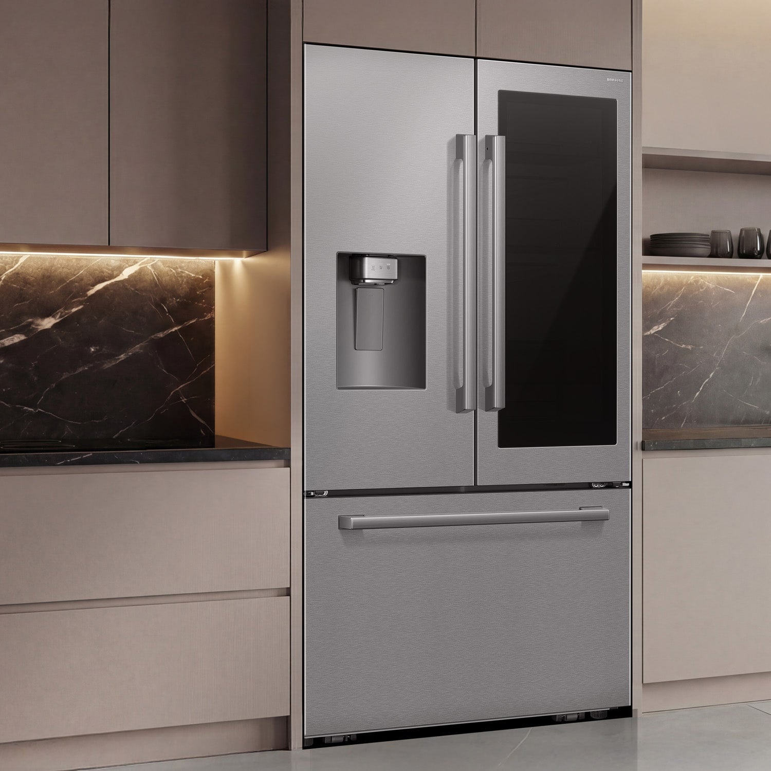 Samsung Bespoke AI Counter-Depth AutoView Zero Clearance Fit 24-cu ft 36-in Wide French Door Refrigerator with Dual Ice Maker ( Fingerprint Resistant Stainless Steel ) ENERGY STAR Certified