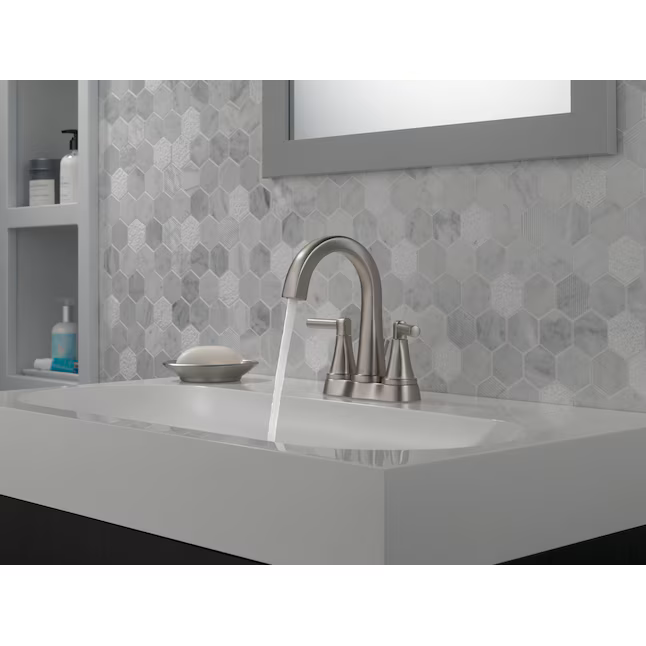 Delta Becker Spotshield Brushed Nickel 4-in Centerset 2-handle WaterSense Mid-arc Residential Handle Bathroom Sink Faucet with Drain, 25891LF-SP #2517011  *JR2512, Retail: $182.10, FINAL PRICE: $59.99 + TAX