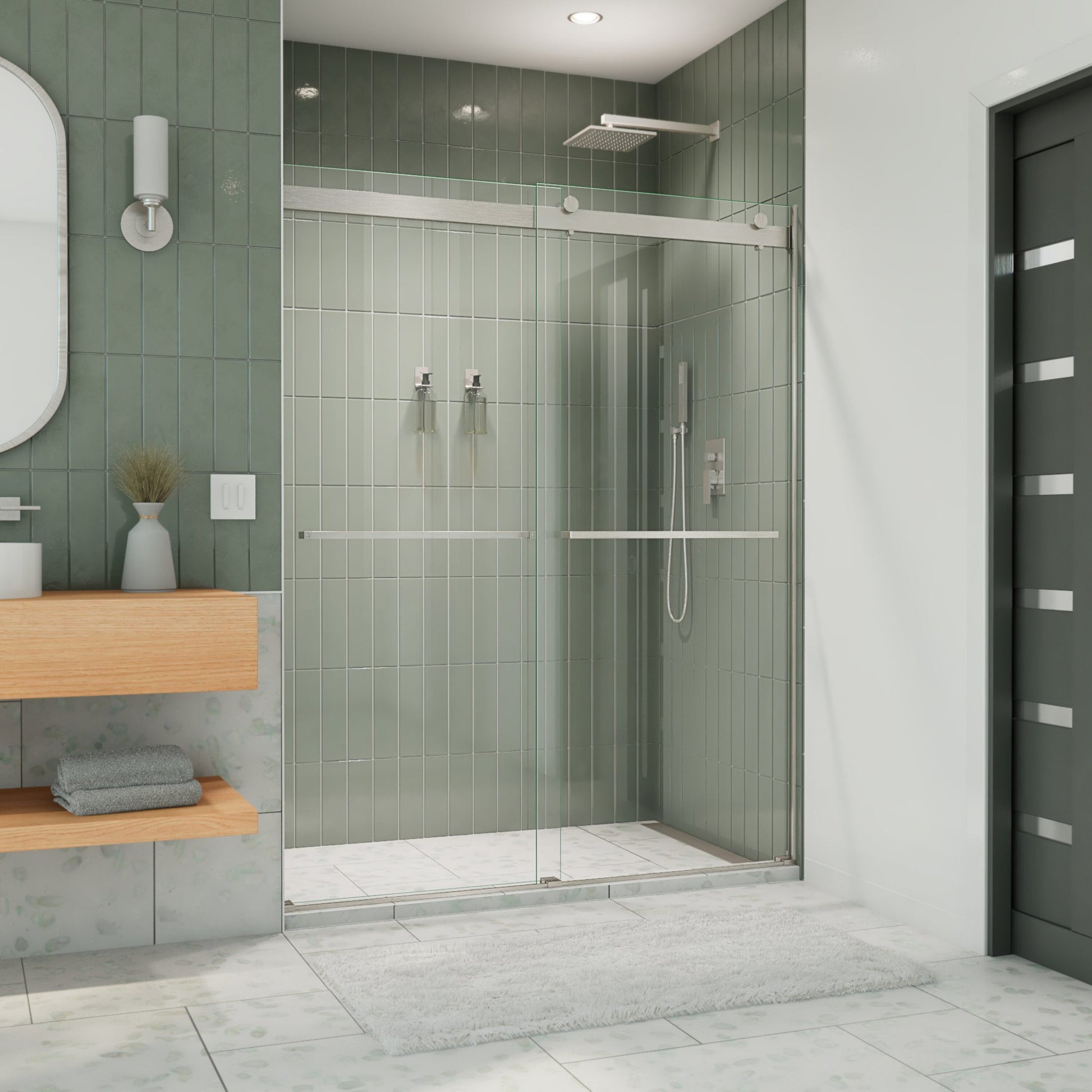 DreamLine Essence Brushed Nickel 56-in to 60-in W x 76.0-in H Frameless Clear Glass Bypass Sliding Shower door