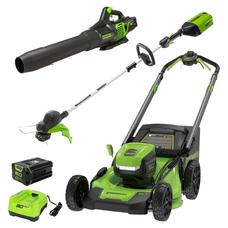 Greenworks 80V 21in Self Propelled Lawn Mower 13in String Trimmer and 730 Leaf Blower Combo with 4 Ah Battery and Charger