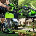 Greenworks 80V 21in Self Propelled Lawn Mower 13in String Trimmer and 730 Leaf Blower Combo with 4 Ah Battery and Charger