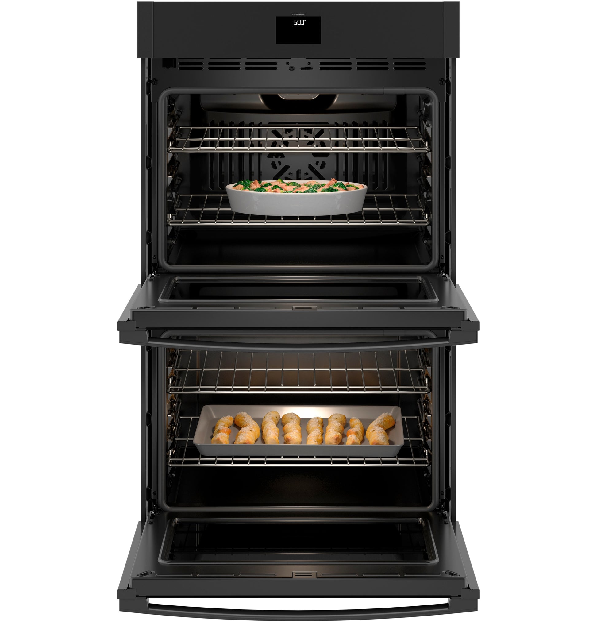 GE 27 inch Double Electric Wall Oven with Air Fry Self + Steam Cleaning ( Black )