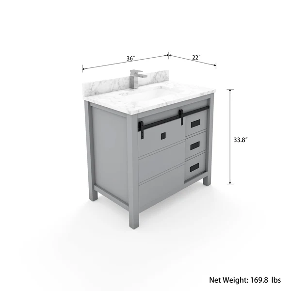 Florence 36-inch Vanity in Gray with Carrara White Marble Top, VV336G-TV336S, Retail: $1,399.95, CLEARANCE PRICE: $599.99 + TAX